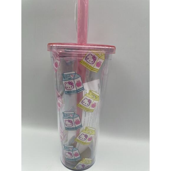 Hello Kitty Milk Carton Pattern Plastic Boba Tumbler With Lid & Wide Straw NEW - Picture 3 of 7